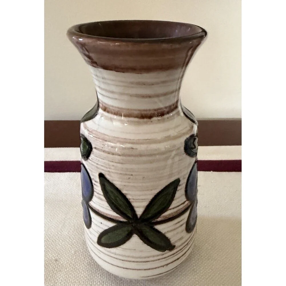 Vintage Mid Century Studio Pottery Vase Hand Painted Blue Flower Ceramic Art